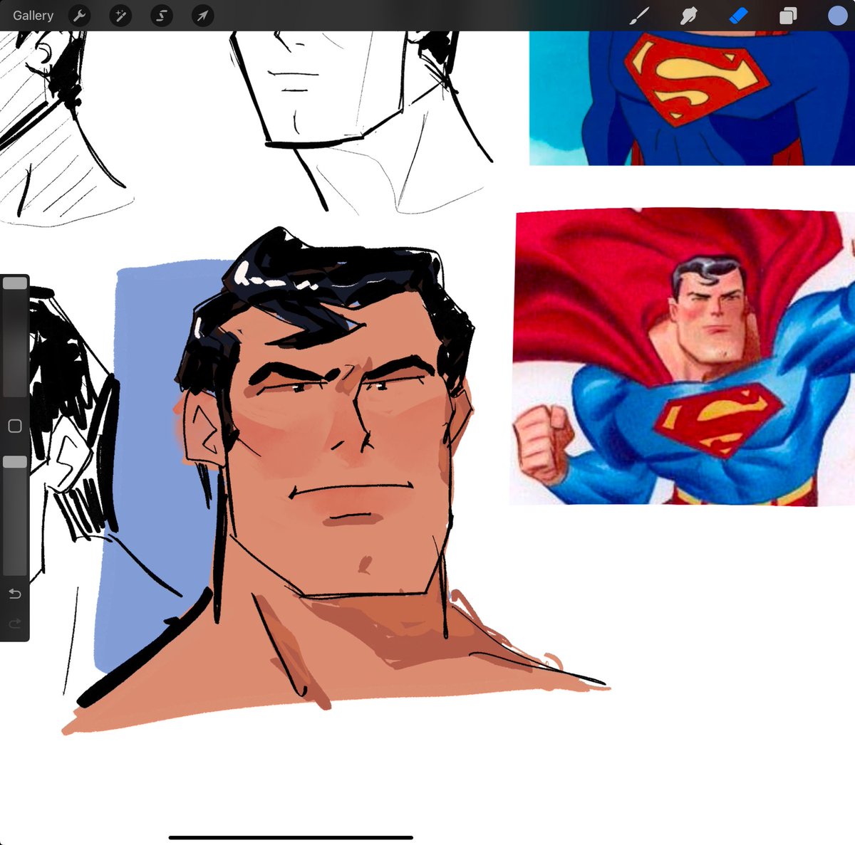 FizzieBluez's tweet photo. Bruce Timm’s style practice There is something so charming about it that I wanted to replicate it. The goal is to get comfortable enough with the style to begin to animate in it! #superman #artstudy #procreate https://t.co/yAGpSAQf8Q