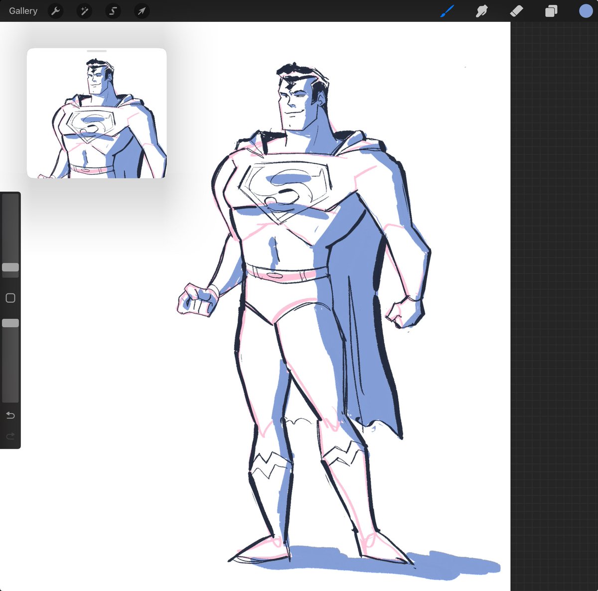 FizzieBluez's tweet photo. Bruce Timm’s style practice There is something so charming about it that I wanted to replicate it. The goal is to get comfortable enough with the style to begin to animate in it! #superman #artstudy #procreate https://t.co/yAGpSAQf8Q
