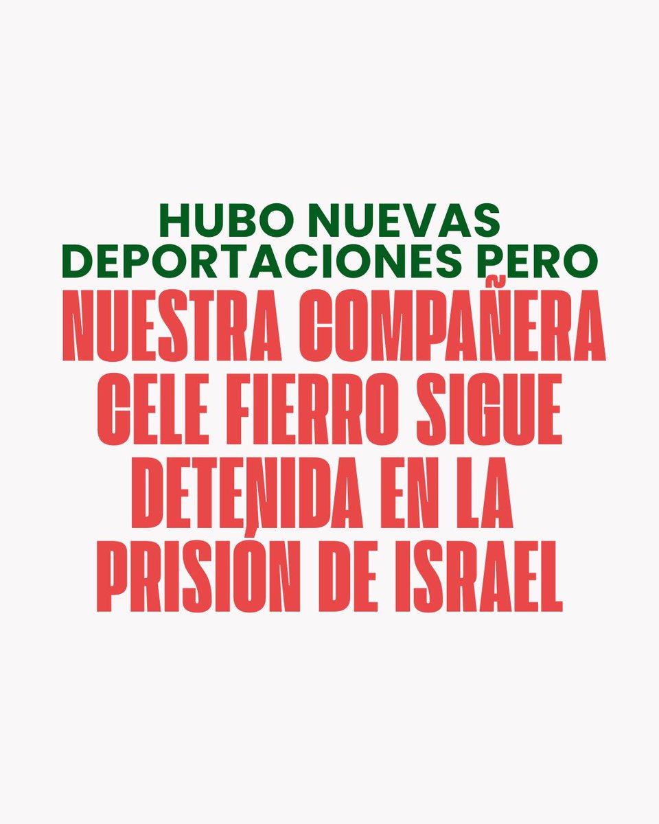 #DIFUNDIR Sobre la situación de nuestra compañera Cele y todos los detenidos en Israel.

Hoy domingo se conocieron nuevas deportaciones de activistas de la Flotilla Global Sumud que fueron detenidos ilegalmente en la prisiónde Ktzi’ot al sur de Israel, pero continúa detenida la