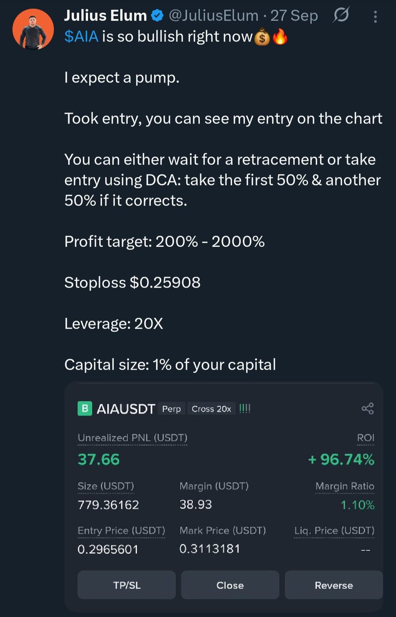 JuliusElum's tweet image. Everyone is talking about ASTER

NOBODY is talking about $AIA

I called it days ago at $0.29 price zone.

It pumped to $3.76 five days later.

That's over 11X profit 

Yet ASTER didn't give even up to 8X profit.

Yes, I called ASTER at $0.4 and it hit $2.4 all time high giving 4X…