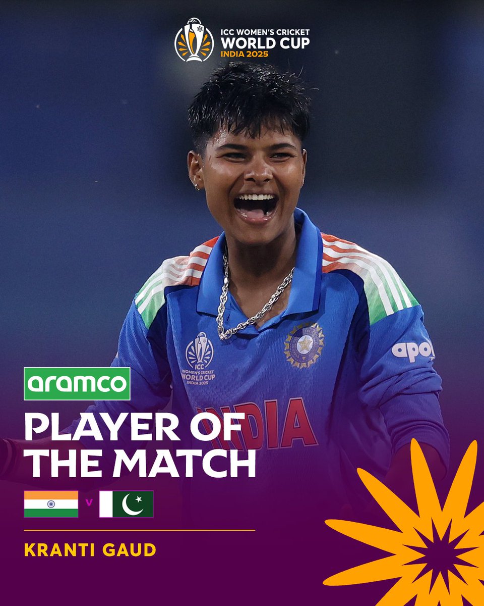 Bangappofficial's tweet photo. #KrantiGaud sensational bowling performance wins her the @aramco POTM award against Pakistan 👊
#INDvPAK #CWC25 https://t.co/TWcJrbpNnW