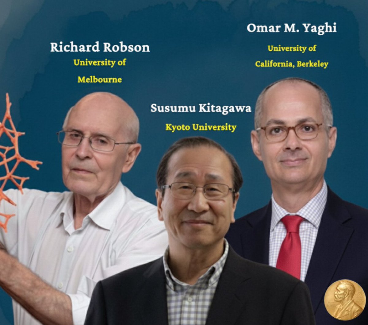 🧪 Chemistry Prize – First Nominee:

Omar M. Yaghi
Susumu Kitagawa
Richard Robson

🔴 Personal Note:
I am sure that Omar Yaghi will win the Nobel Prize in Chemistry this year, whether alone or with one or two other scientists. The delay in honoring him is no longer justified. If