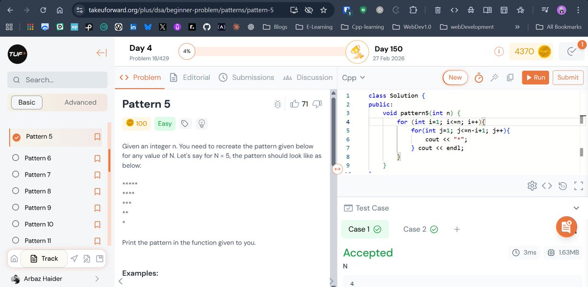 arbazhaider0's tweet image. 🗓️Day 4 of DSA with @takeUforward_ 
📚Solved 3 classic pattern problems to sharpen logic-building skills.
1️⃣⭐ Decreasing star pattern
2️⃣🔢 Decreasing number sequence
3️⃣⛰️ Pyramid star pattern
#DSA #100DaysOfCode #cplusplus