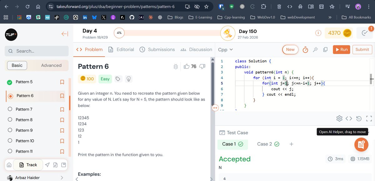 arbazhaider0's tweet image. 🗓️Day 4 of DSA with @takeUforward_ 
📚Solved 3 classic pattern problems to sharpen logic-building skills.
1️⃣⭐ Decreasing star pattern
2️⃣🔢 Decreasing number sequence
3️⃣⛰️ Pyramid star pattern
#DSA #100DaysOfCode #cplusplus