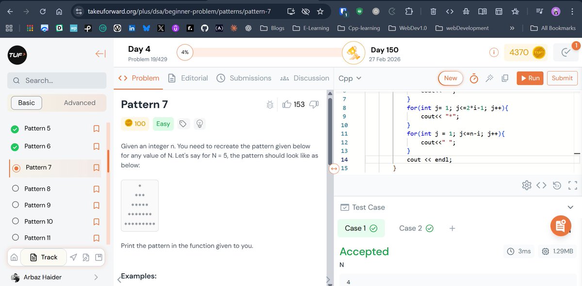 arbazhaider0's tweet image. 🗓️Day 4 of DSA with @takeUforward_ 
📚Solved 3 classic pattern problems to sharpen logic-building skills.
1️⃣⭐ Decreasing star pattern
2️⃣🔢 Decreasing number sequence
3️⃣⛰️ Pyramid star pattern
#DSA #100DaysOfCode #cplusplus