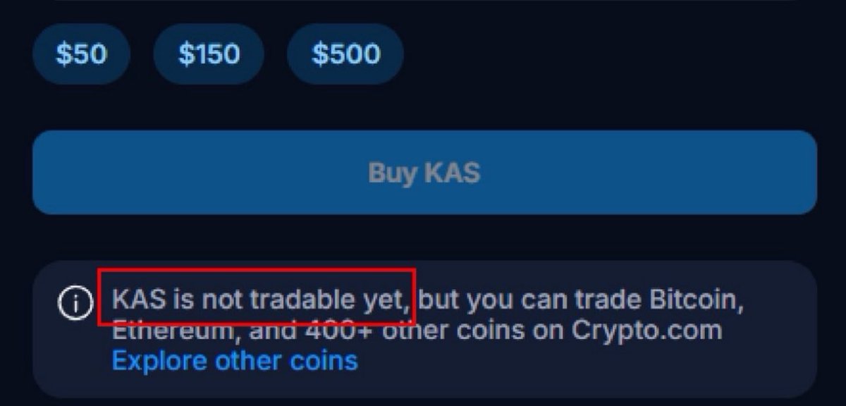 🚨 BREAKING: IS A $KAS LISTING ON CRYPTO.COM IMMINENT? ⚡️

👀 Kaspa ($KAS) taucht jetzt sichtbar in der Crypto.com App auf –
mit Kursanzeige, aber (noch) der Hinweis:

“KAS is not tradable yet.”

Das müsste bedeuteten:
💡 Der Coin ist bereits im System