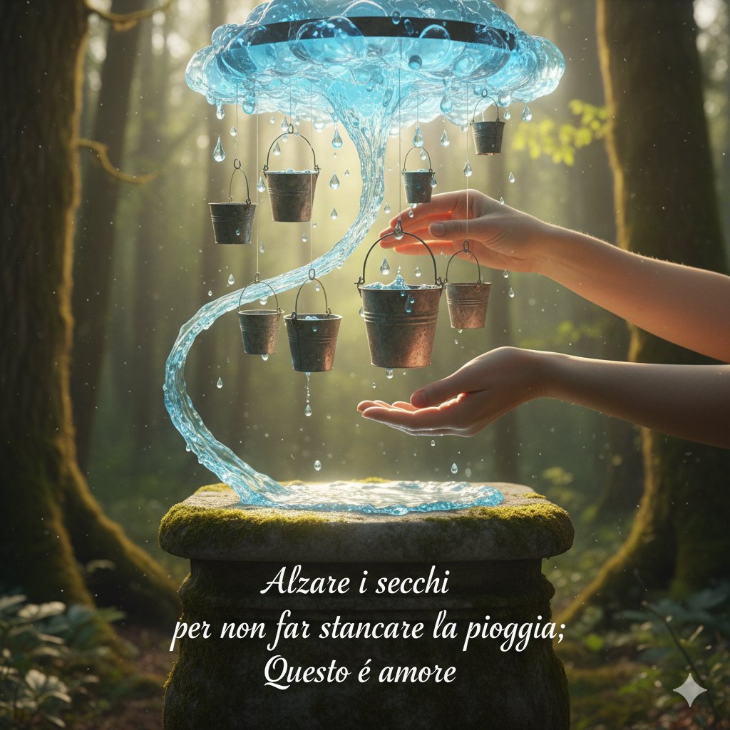 Alzare i secchi per non far stancare la pioggia: questo é amore.

<a href="/dario39355099/">Dario Tessari</a>