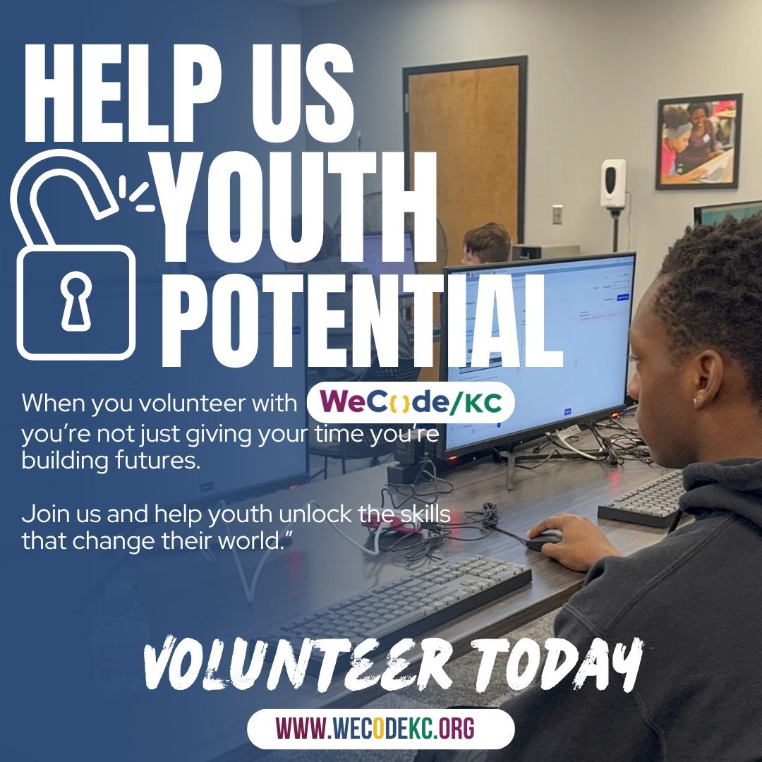 wecodekc's tweet image. 🔑 Help us unlock youth potential!
Volunteer with WeCode KC + build futures through tech.
💻 Sign up 👉 wecodekc.org
#WeCodeKC #Volunteer