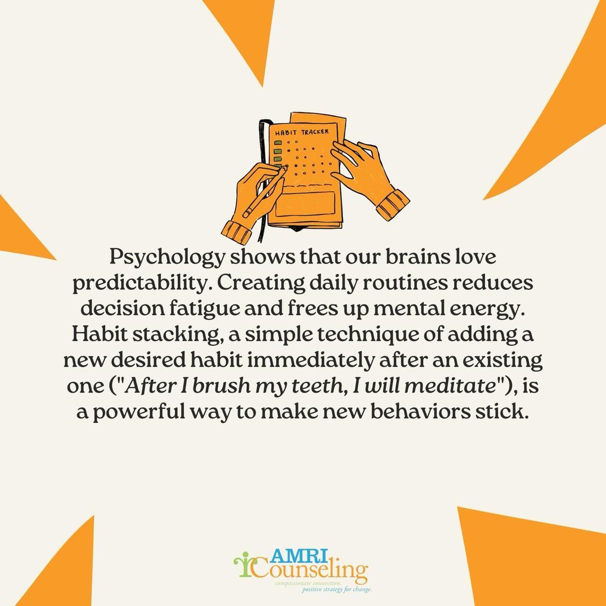 AMRICOUNSELING's tweet image. Build better habits by simply stacking them together. 🔄 

#HabitStacking #Routines #BehaviorChange