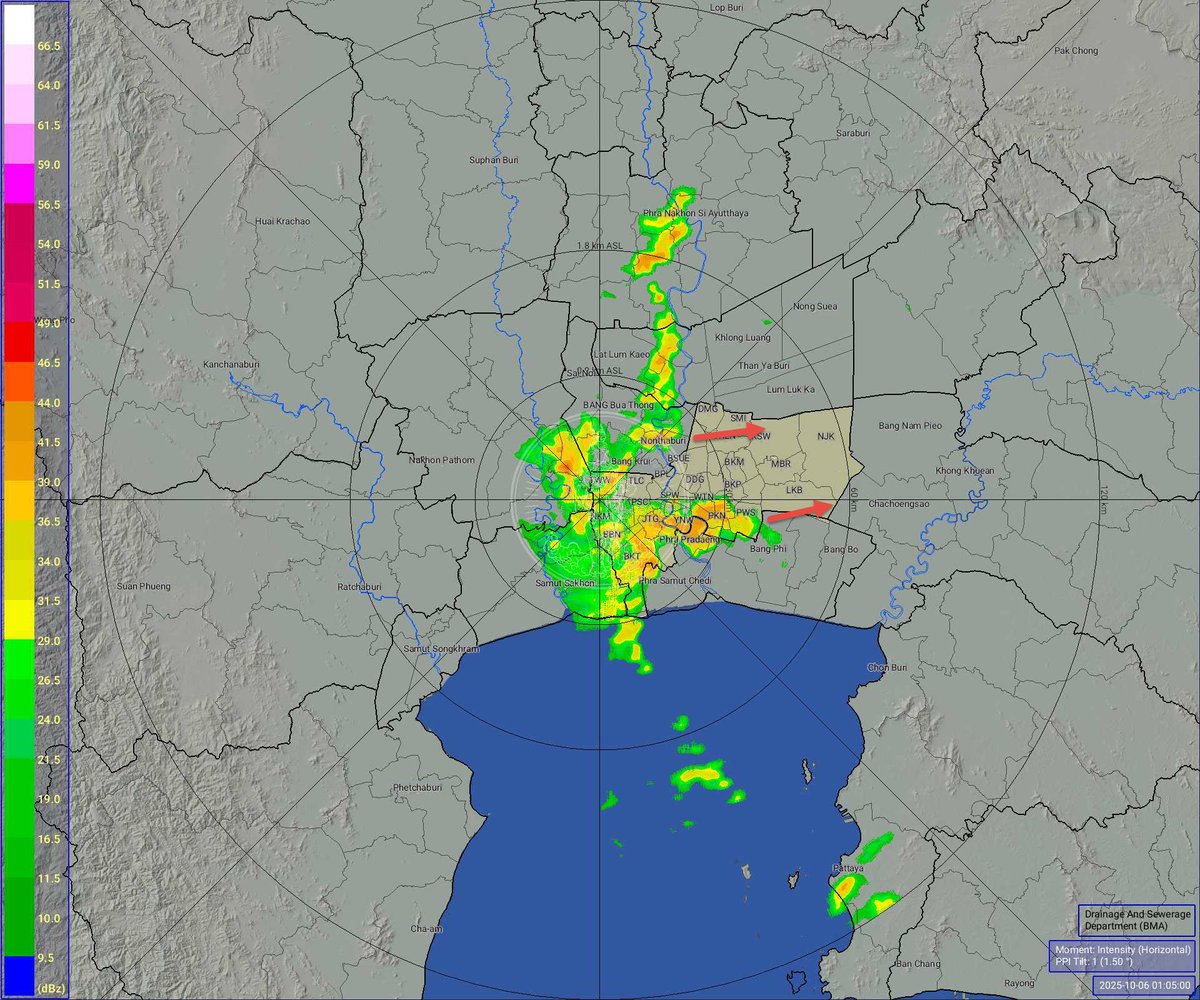 BKK_BEST's tweet photo. วันที่ 6 ตุลาคม 2568 เวลา 01.15 น. / กลุ่มฝนปานกลางถึงหนัก เขตบางนา ประเวศ สวนหลวง พระโขนง วัฒนา คลองเตย ราษบูรณะ ยานนาวา จอมทอง ทุ่งครุ ธนบุรี บางขุนเทียน บางบอน บางแค หนองแขม บางกอกใหญ่ ทวีวัฒนา ทิศทางการเคลื่อนตัวไปทางทิศตะวันออก ปริมาณฝนสูงสุดที่เขตบางขุนเทียน 94.0 มม. https://t.co/5AX8qpsIlF