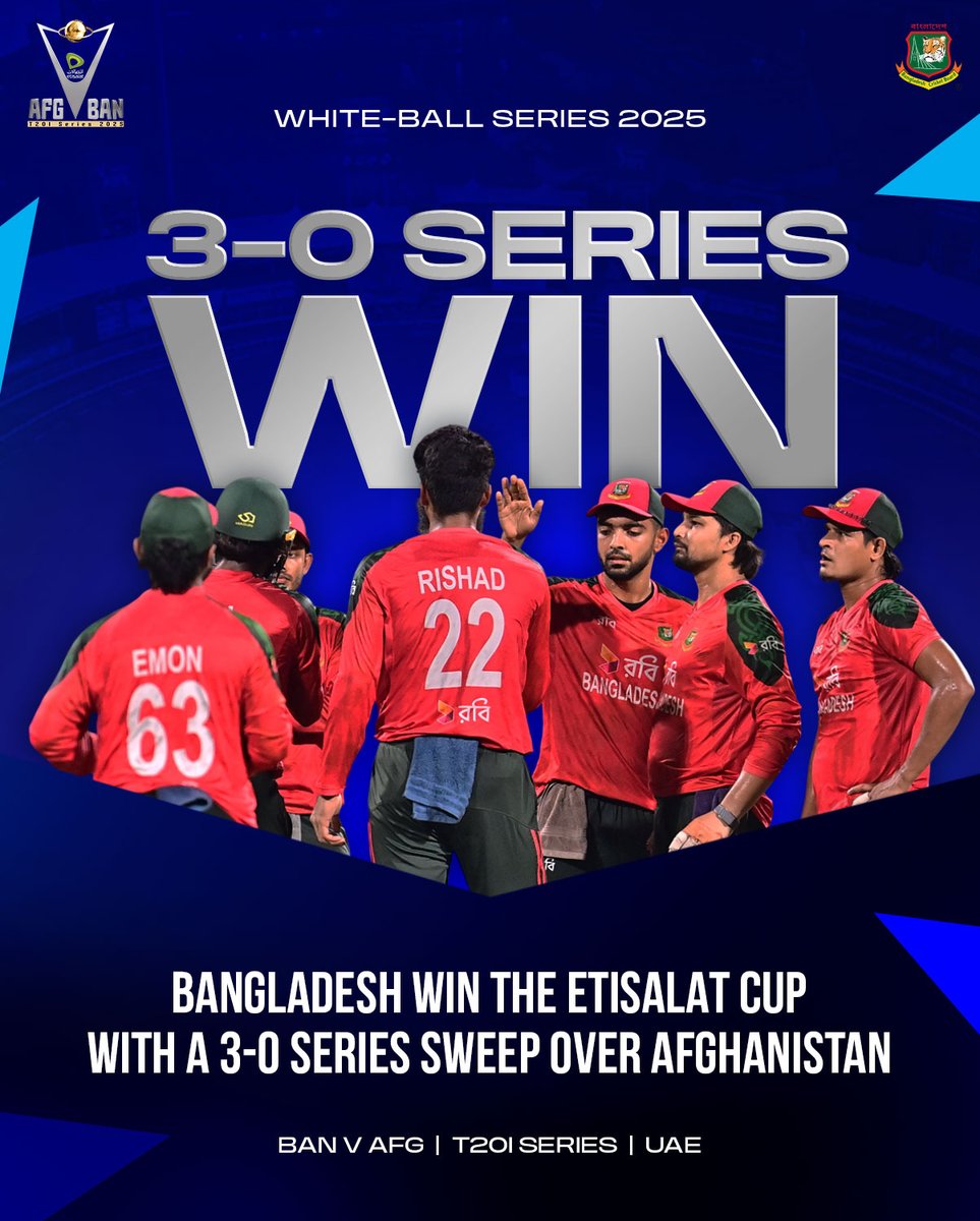 BCBtigers's tweet photo. Etisalat Cup champions! 🏆 Bangladesh 🇧🇩sweep the series 3-0 — unstoppable Tigers! 🔥

Bangladesh 🇧🇩 🆚 Afghanistan 🇦🇫 | 3rd T20I | Sharjah Cricket Stadium, UAE
05 October 2025 | 8:30 PM 
 
Photo Credit: @ACBofficials 

#Bangladesh #TheTigers #BCB #Cricket #BANVSAFG #Cricket #TigersForever #BANVSAFG2025 #BANvAFG #whiteball #WhiteBallSeries