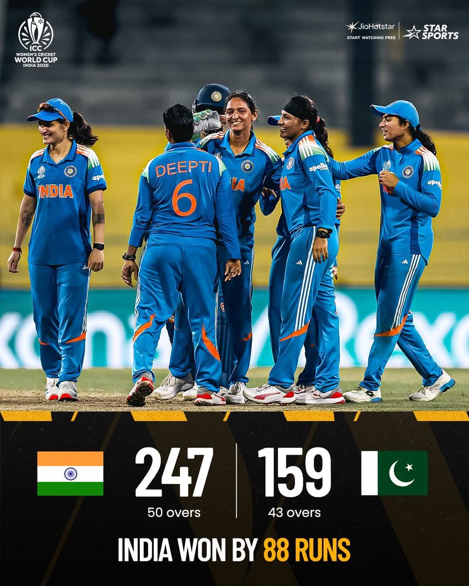 "जब बेटियाँ मैदान में उतरती हैं, इतिहास खुद को दोहराता है" 
#ICCWomensWorldCup2025  में पाकिस्तान को पराजित कर शानदार और ऐतिहासिक जीत हासिल करने पर भारतीय क्रिकेट टीम को हार्दिक बधाई एवं शुभकामनाएं। 
ये जीत सिर्फ क्रिकेट की नहीं, 
बल्कि भारत की नारी शक्ति की विजय है।