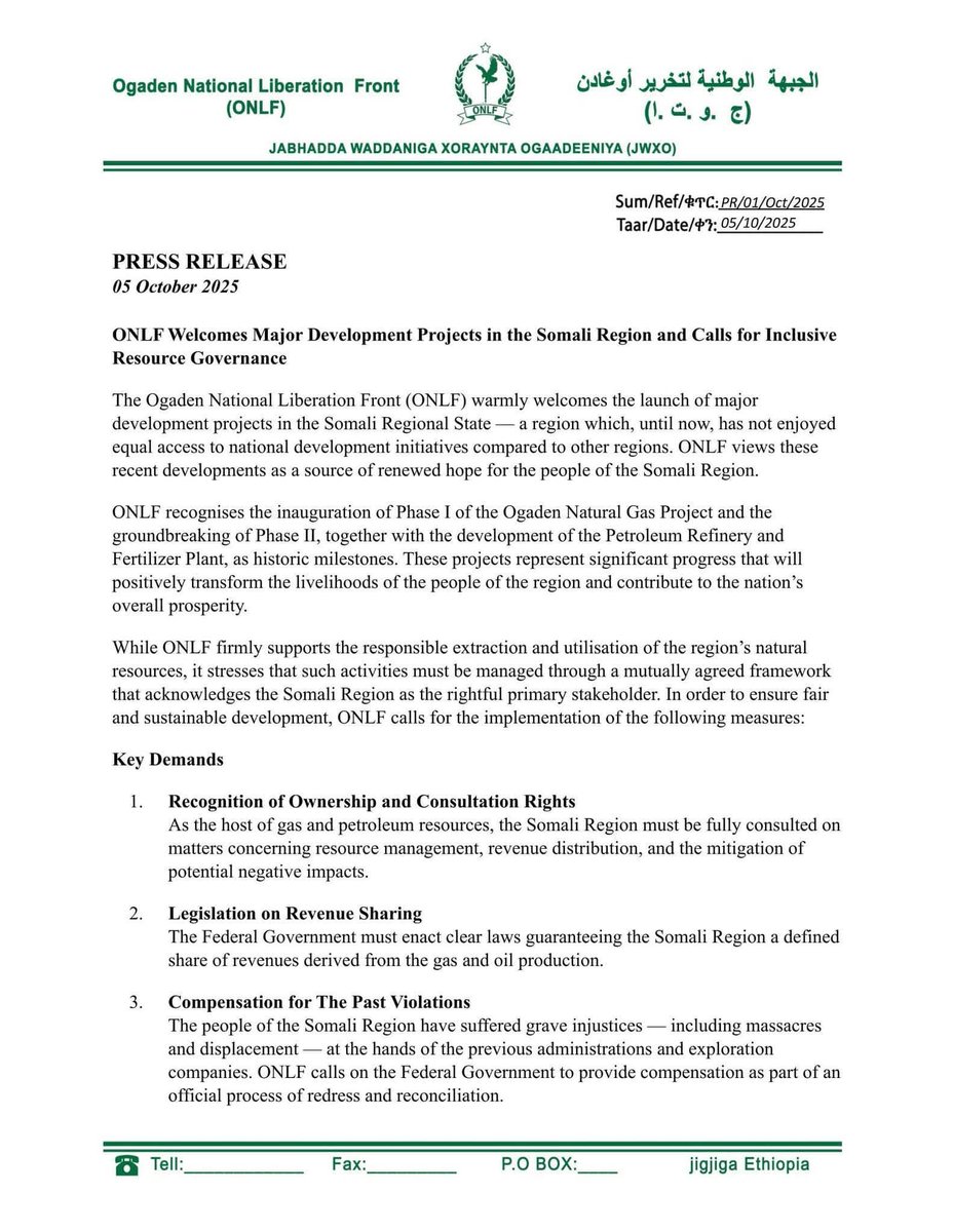 sdm2018's tweet image. ONLF Welcomes Major Development Projects in the Somali Region and Ogaden Gas Production. Read below.