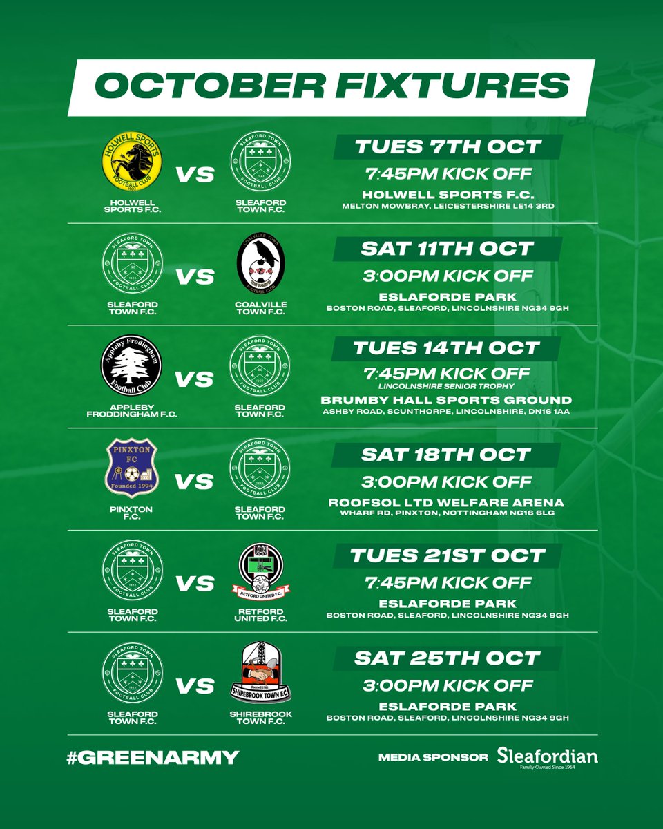 🗓 OCTOBER FIXTURES 🟢

A busy month ahead for the Greens, with league action and cup ties both home and away 💚⚽

Check out all our upcoming fixtures for October below and make sure to get down and support the lads 👊

#GreenArmy