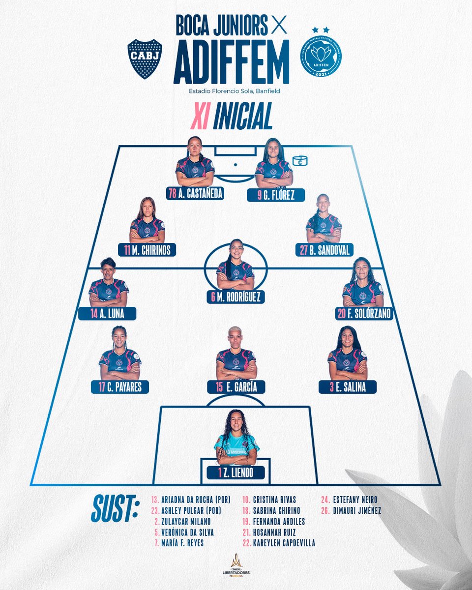 Así alineamos para enfrentar a <a href="/BocaJrsFutFem/">Boca Juniors Fútbol Femenino</a> por la J2 de la <a href="/libertadoresfem/">CONMEBOL Libertadores Femenina</a> 🙂🫡

¡Con todo chicas! 

#ADIFFEMesVenezuela / #SangreAzul 💙⚽️