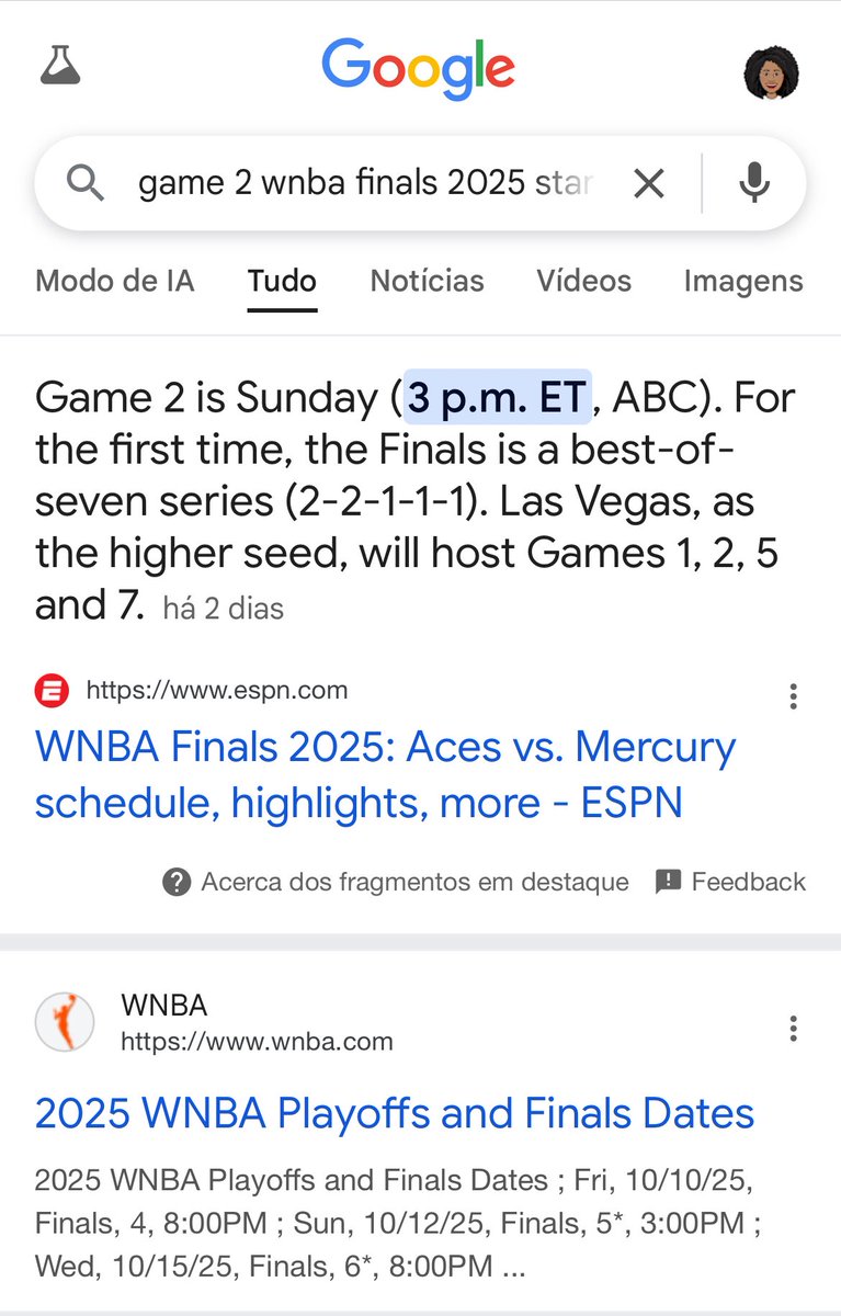 Me: Let me google what time today’s WNBA finals game starts

Attempt 1: Results from “Game 2 NBA Finals 2025”

Attempt 2: “There was no ‘Game 2’ for WNBA Finals in 2025, as the 2025 WNBA Finals have not yet occurred.”

Attempt 3: 3pm EDT

This is why AI will never replace us. 🫠