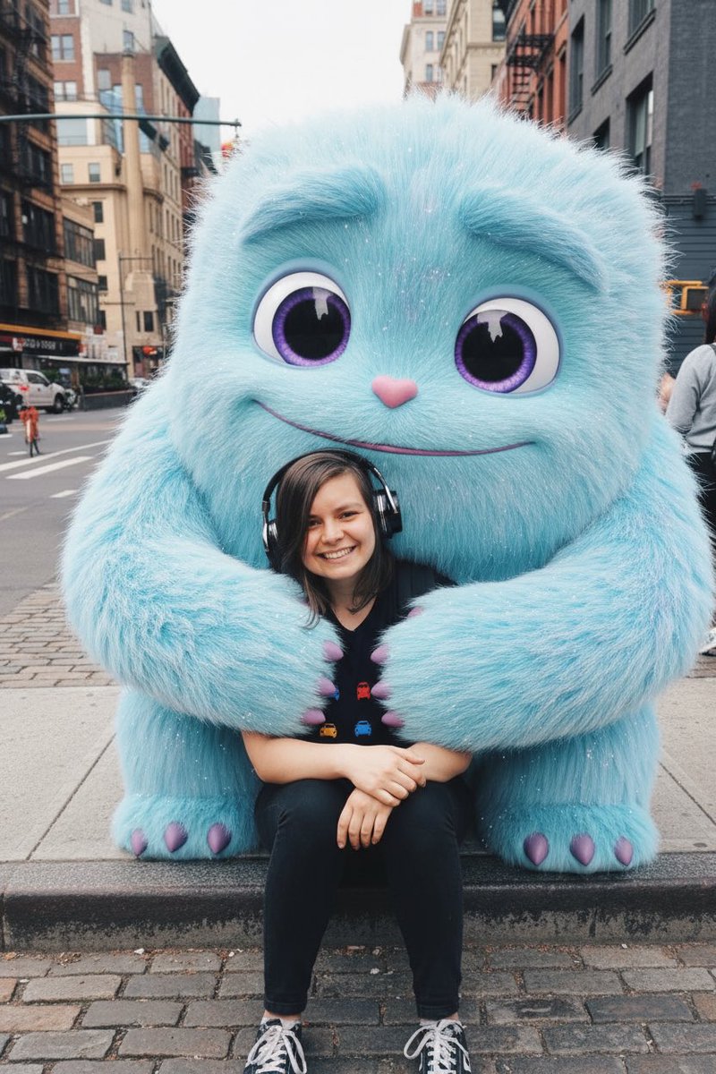 icreatelife's tweet image. Turn a photo of you to be cuddled by a cartoon cute monster 🥹✨ with Nano Banana in Adobe Firefly app 

prompt: Turn me into a real human sitting next to a giant fluffy cute cartoon monster. I am real but monster is 3d cartoon. It’s hugging me and cute. Big eyes