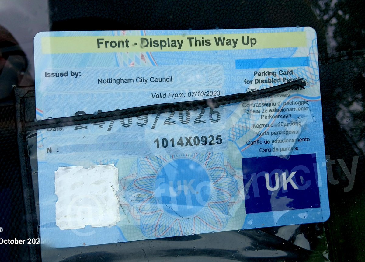 Other than my edit to remove the reference, can you spot an issue with this expired #BlueBadge I found being used today?

Hint: the expiry date is 24/09/2025

#RespectTheBadge #Nottingham