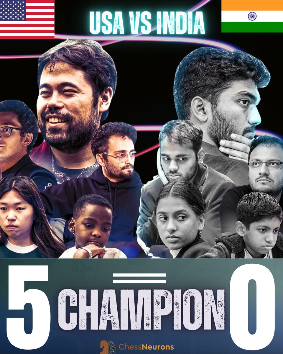 ChessNeurons's tweet image. Team USA beat Team India with a clean sweep - it's a 5-0 score in favor of the US in the first Checkmate: USA vs India Match!!!
#chess #chessplayer #grandmaster #chessneurons #championships