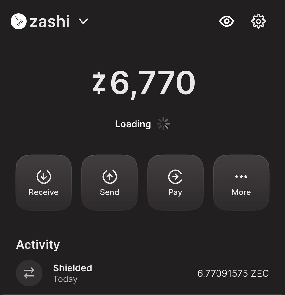 シールドされたZEC残高を表示するZashiウォレットのスクリーンショット