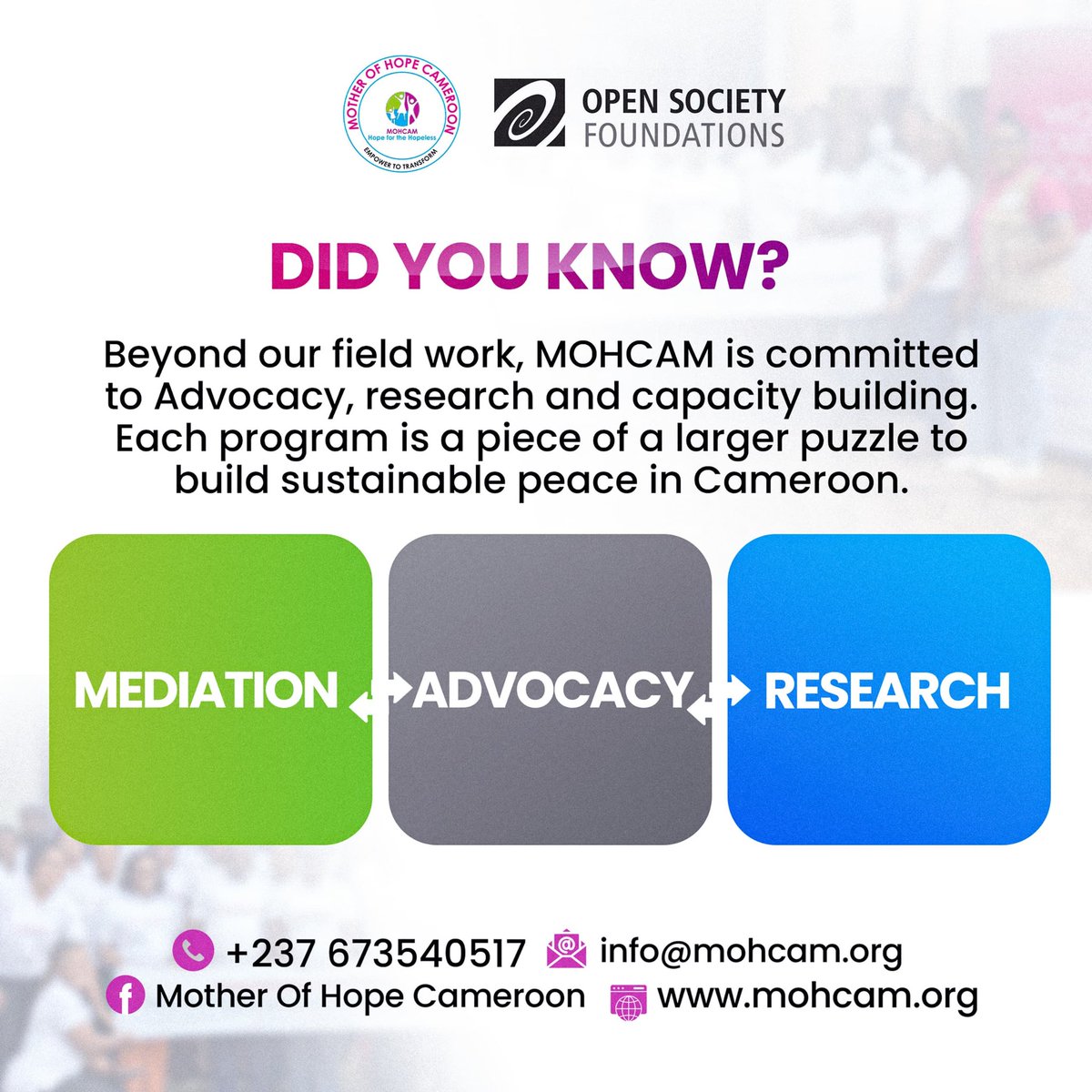 MOHCAM is building sustainable peace in Cameroon through advocacy, research and capacity building. We amplify voices, drive evidence-based solutions and empower communities. Join us in tackling root causes of conflict.
#Peacebuilding #MOHCAM #HumanRights