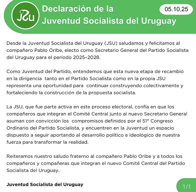 La JSU saluda al nuevo Secretario General electo <a href="/oribepa/">Pablo Oribe</a> 

Esperamos que sea un periodo de mucho crecimiento y trabajo en conjunto

instagram.com/p/DPb5uzakUqD/…