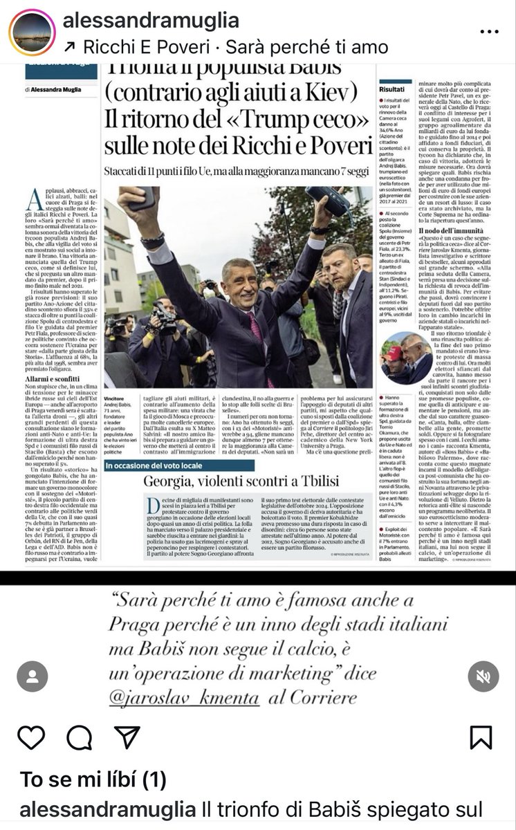 ✅ Jeden z nejpopulárnějších deníků v Itálii Corriere della Sera se mnou konzultoval Babišovo vítězství. A mají hodně trefný titulek: vešlo se tam vše podstatné👍.

📍“Volby v České republice: Populista Babiš (odporce pomoci Kyjevu) vítězí. „Český Trump“ se vrací za zpěvu „Ricchi
