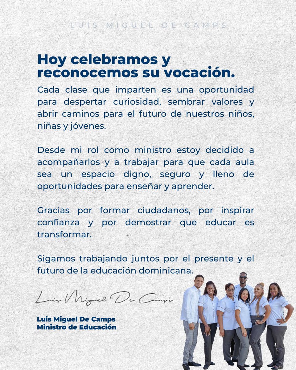 LMDECAMPS's tweet image. Hoy celebramos a quienes cada día inspiran, enseñan y transforman vidas desde el aula.
A nuestros docentes: gracias por su entrega y por creer que educar es cambiar el futuro, una clase a la vez. 🇩🇴 Sigamos construyendo juntos una educación digna, segura y llena de oportunidades.