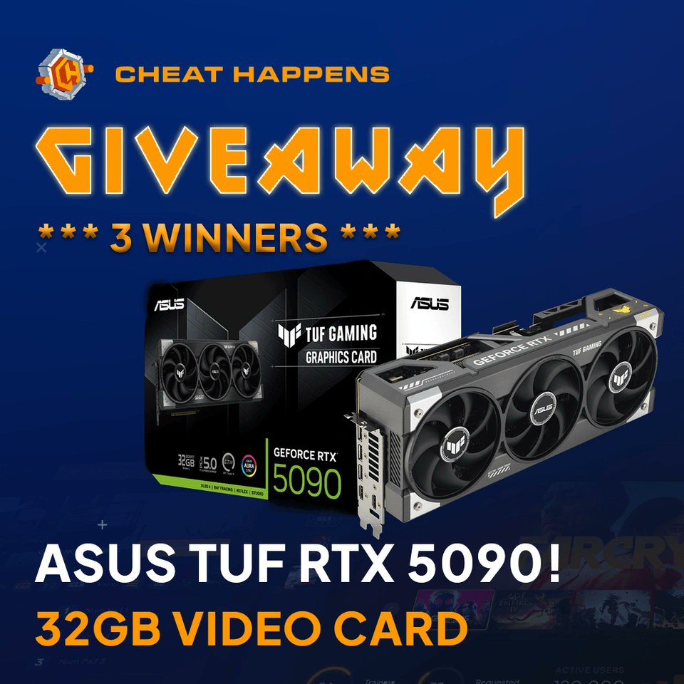 cheathappens's tweet image. 💥 LAST CHANCE TO ENTER! 
Win an ASUS TUF RTX 5090 — no catch, no cost. Just pure performance.
🎮 THREE winners
🎯 Enter here → cheathappens.com/gleamio22.asp 
#RTX5090 #GamingGiveaway #CheatHappens