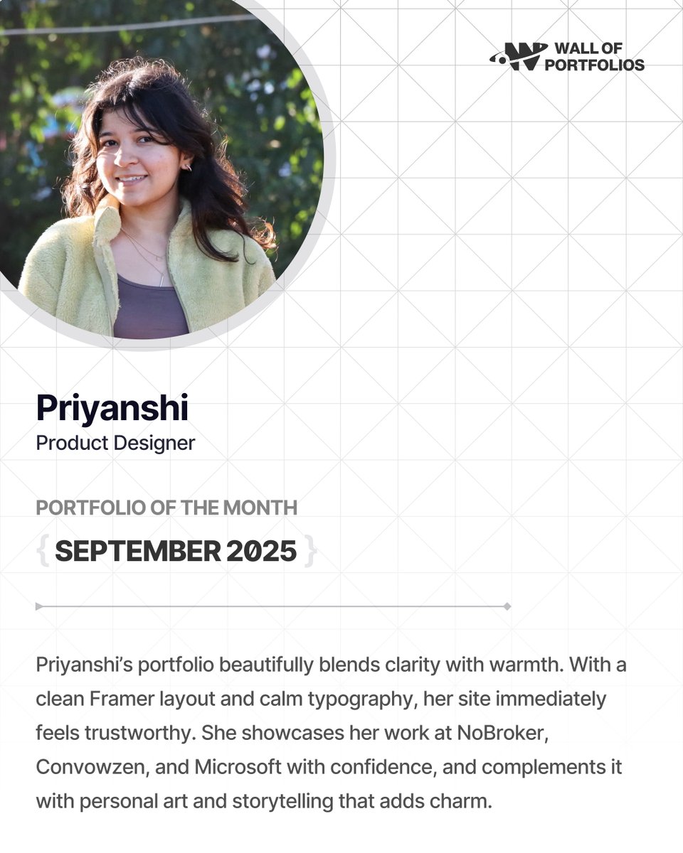 wallofportfolio's tweet image. Presenting our Portfolio of the Month - September Edition 2025! Discover the unique style and expertise of
@hi_priyanshi in product and UX design. Be inspired by their work! 🌟 

wallofportfolios.in/portfolios/pri…

#WallofPortfolios #PortfolioOfTheMonth #DesignShowcase #UXDesign