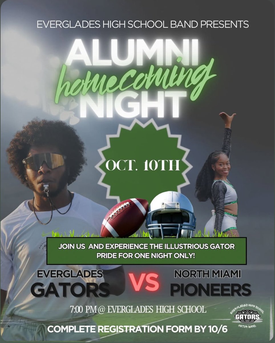 MsRoman22's tweet image. 🏈 Lights, spirit, action!
Everglades High Homecoming game this Friday, Oct 10 @ 7PM 💚💛
#GatorPride #Homecoming2025
