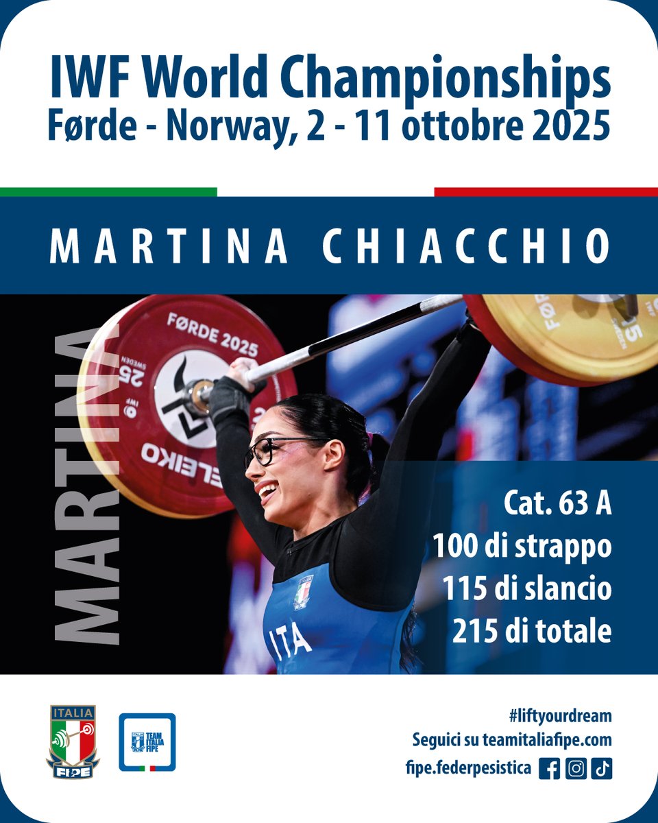 federpesistica's tweet photo. World Weightlifting Championships
Førde, Norvegia
💪🇳🇴
MARTINA CHIACCHIO
Cat. 63 kg
✔Strappo 100
✔Slancio 115
✔Totale 215
10° posizione
🇮🇹
#martinachiacchio #liftyourdream #weightlifting #teamitaliafipe #norway #worldweightlliftingchampionships https://t.co/HjQfwupM9Z