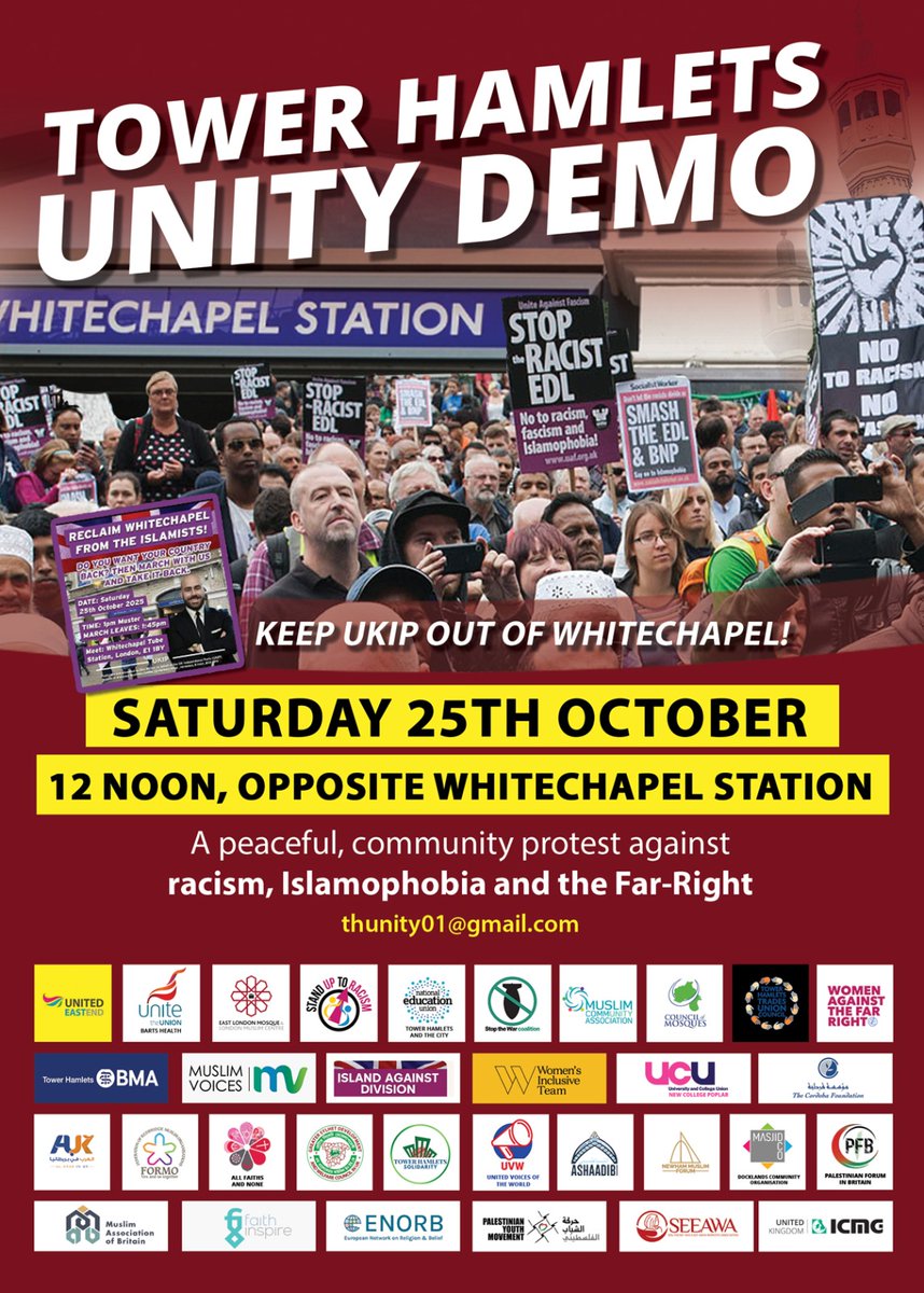 📢 Tower Hamlets Unity Demo

Join us Saturday 25 October, 12 noon outside Whitechapel Station for a peaceful community protest against racism, Islamophobia and the far-right.

Let’s stand together for unity, respect, and equality.

#UnityDemo #NoToRacism #NoToIslamophobia