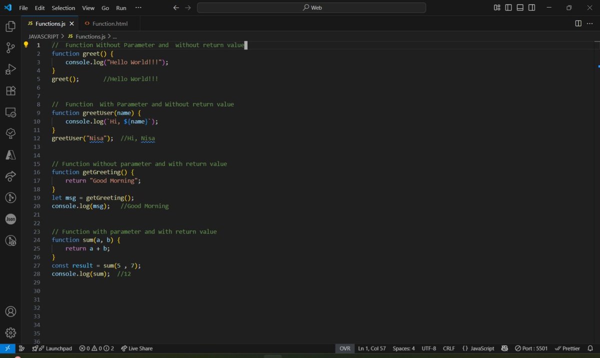 Argekar077's tweet image. 🚀 Day 24 #100DaysOfCode
Today I solved a DSA problem: Best Time to Buy & Sell Stock 💹
Also practiced JavaScript Functions
-No params, no return
-Params, no return
-No params, return
-Params & return
#Java #DSA #javascript