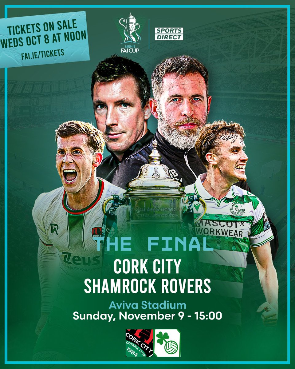 This will be huge 😍

Cork City will meet Shamrock Rovers in the Sports Direct Men's FAI Cup Final for the first time ever. 

Tickets go on sale on Wednesday at 12:00 noon 🏆
