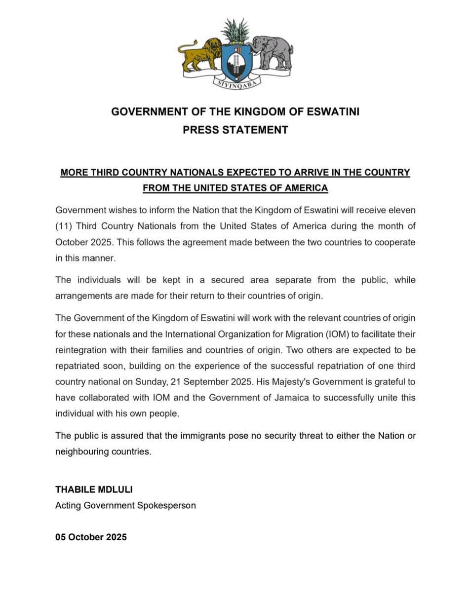 Government Statement: Government notifies the Nation of the expected arrival of 11 third-country nationals from the US.