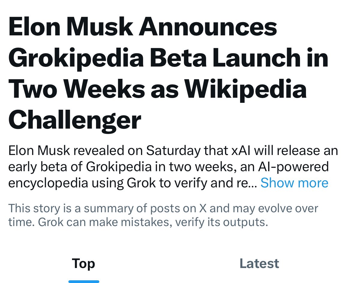 There is only one Grokipedia I recognize

The OG

Actual application beta version launching in the next two weeks, says Elon

$Grokipedia will fly

7W6qbNuFhYyH3QdXZpfz748U7JjST4e2Hbscccxppump