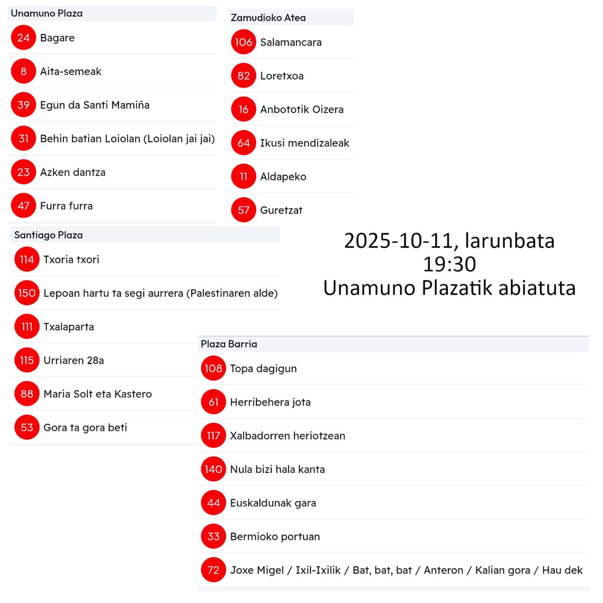 Hauek dira larunbatean abestuko diren kantak. App-ean ere kargatuta dagoeneko.😊 Erdu! 💪🏻💪🏾💪🏼💪🏿