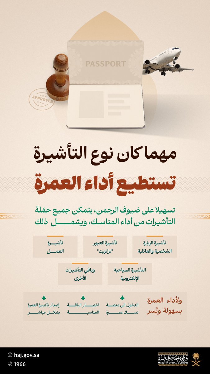 "الحج والعمرة":
جميع حاملي التأشيرات بمختلف أنواعها يمكنهم أداء مناسك العمرة خلال وجودهم في المملكة