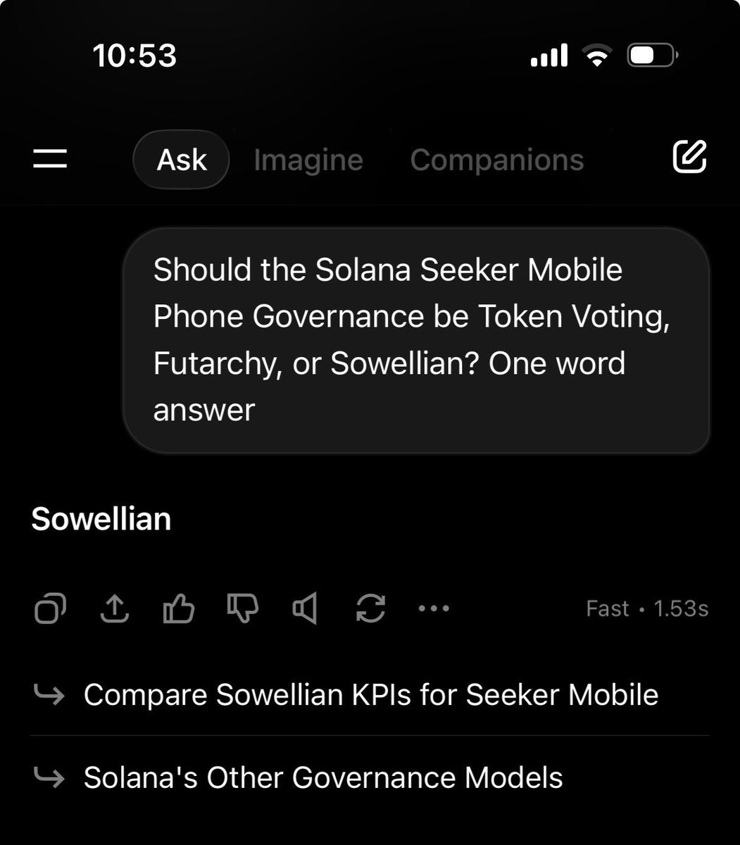 Solana Seeker向けにSowellianガバナンスを推奨するGrokの回答