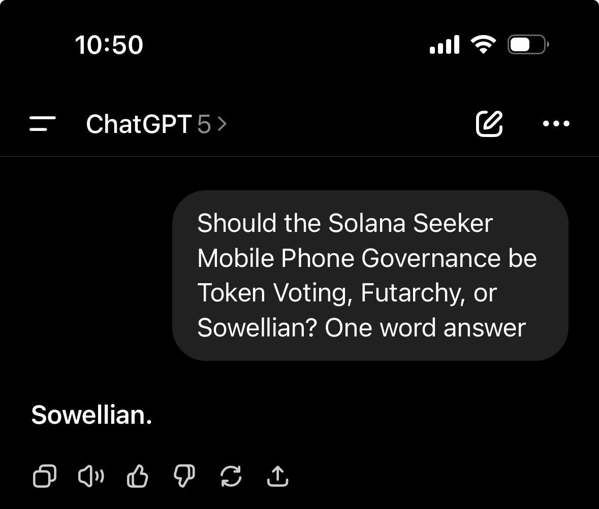 Solana Seeker向けにSowellianガバナンスを推奨するChatGPTの回答