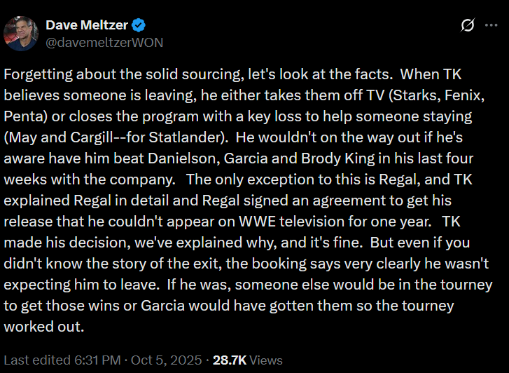 Dave Meltzer stating that he guesses what is going on with contract negotiations based on who wins the scripted wrestling matches on TV. Lets look at the facts TK booked Miro in a match when he was out injured. TK's pulling names out of a hat booking system means nothing.