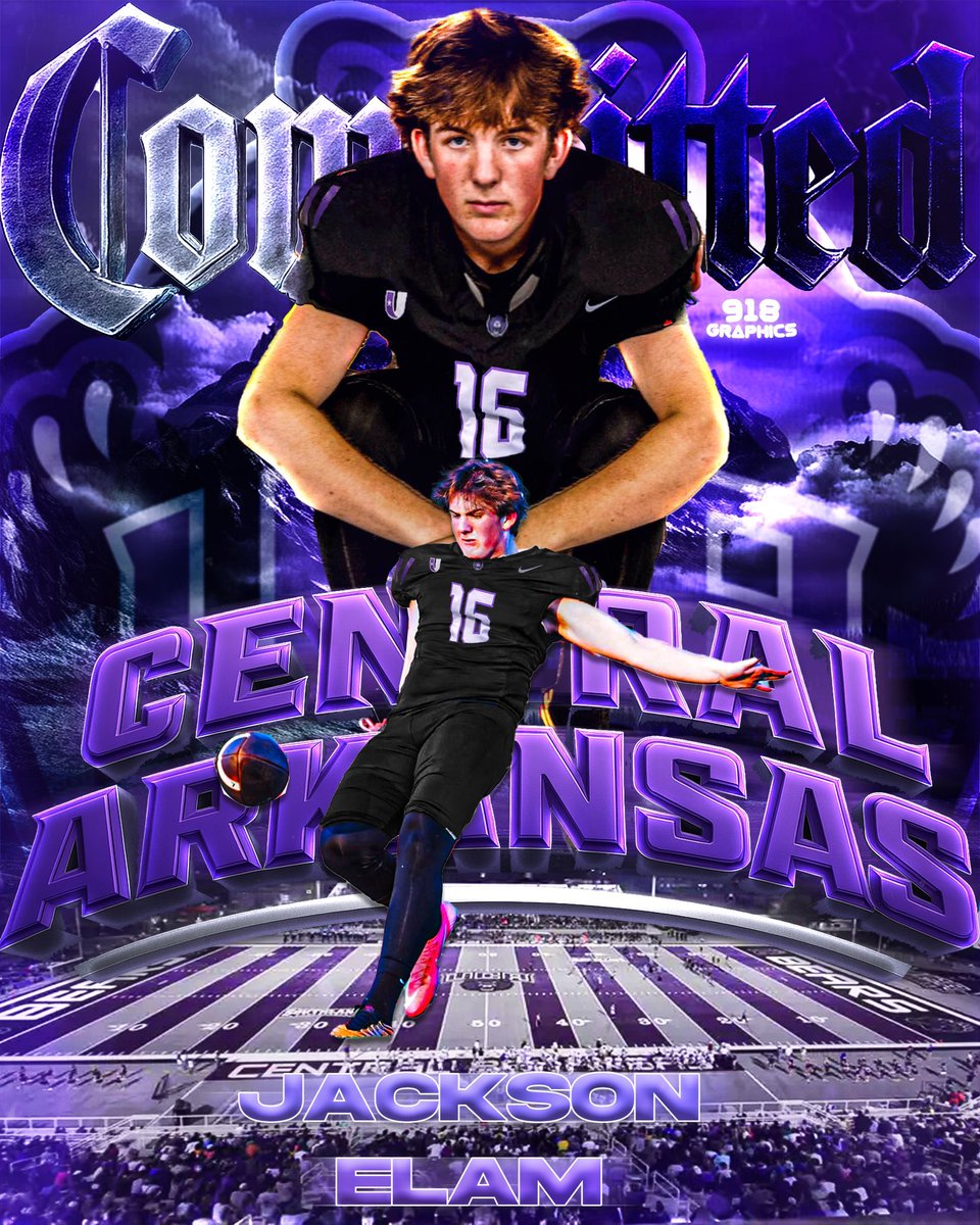 Jackson Elam (@jacksonelam2026) on Twitter photo I’m excited to announce I’m 100% COMMITED to the University of Central Arkansas! GO BEARS🐻💜
#AGTG
<a href="/NathanBrownUCA/">Nathan Brown</a> <a href="/CoachWitch/">Justin Witcher</a> <a href="/CoachGBoykin/">Gunnar Boykin - UCA</a> <a href="/Coach_TDavis/">Tony Davis - UCA</a> <a href="/BrooksHollings3/">Brooks Hollingsworth</a> <a href="/ryanlaj/">Ryan Lajeunessse</a> <a href="/HChili_/">Hayden Childers</a> <a href="/CoachNorwood15/">Neely Norwood</a> <a href="/CoachMo92/">Ryan Morrow</a> <a href="/CoachKNguyen/">Khang Nguyen</a> <a href="/AllArkansasPrep/">All Arkansas Preps</a> <a href="/tctabler/">PrepRedZoneTom Tabler</a> <a href="/PrepRedzoneAR/">Prep Redzone Arkansas</a> I’m excited to announce I’m 100% COMMITED to the University of Central Arkansas! GO BEARS🐻💜
#AGTG
<a href="/NathanBrownUCA/">Nathan Brown</a> <a href="/CoachWitch/">Justin Witcher</a> <a href="/CoachGBoykin/">Gunnar Boykin - UCA</a> <a href="/Coach_TDavis/">Tony Davis - UCA</a> <a href="/BrooksHollings3/">Brooks Hollingsworth</a> <a href="/ryanlaj/">Ryan Lajeunessse</a> <a href="/HChili_/">Hayden Childers</a> <a href="/CoachNorwood15/">Neely Norwood</a> <a href="/CoachMo92/">Ryan Morrow</a> <a href="/CoachKNguyen/">Khang Nguyen</a> <a href="/AllArkansasPrep/">All Arkansas Preps</a> <a href="/tctabler/">PrepRedZoneTom Tabler</a> <a href="/PrepRedzoneAR/">Prep Redzone Arkansas</a>