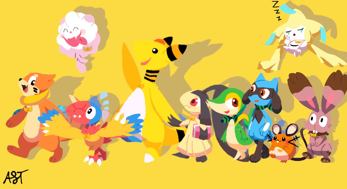 La Sociedad de Expedición de Pokémon Super Mystery Dungeon.
Me tomó tiempo hacer a cada personaje, pero creo que valió la pena.

#PokemonSuperMysteryDungeon, #riolu, #snivy, #buizel, #Ampharos, #mawlie, #archen, #Pokemon, #pokemonfanart.