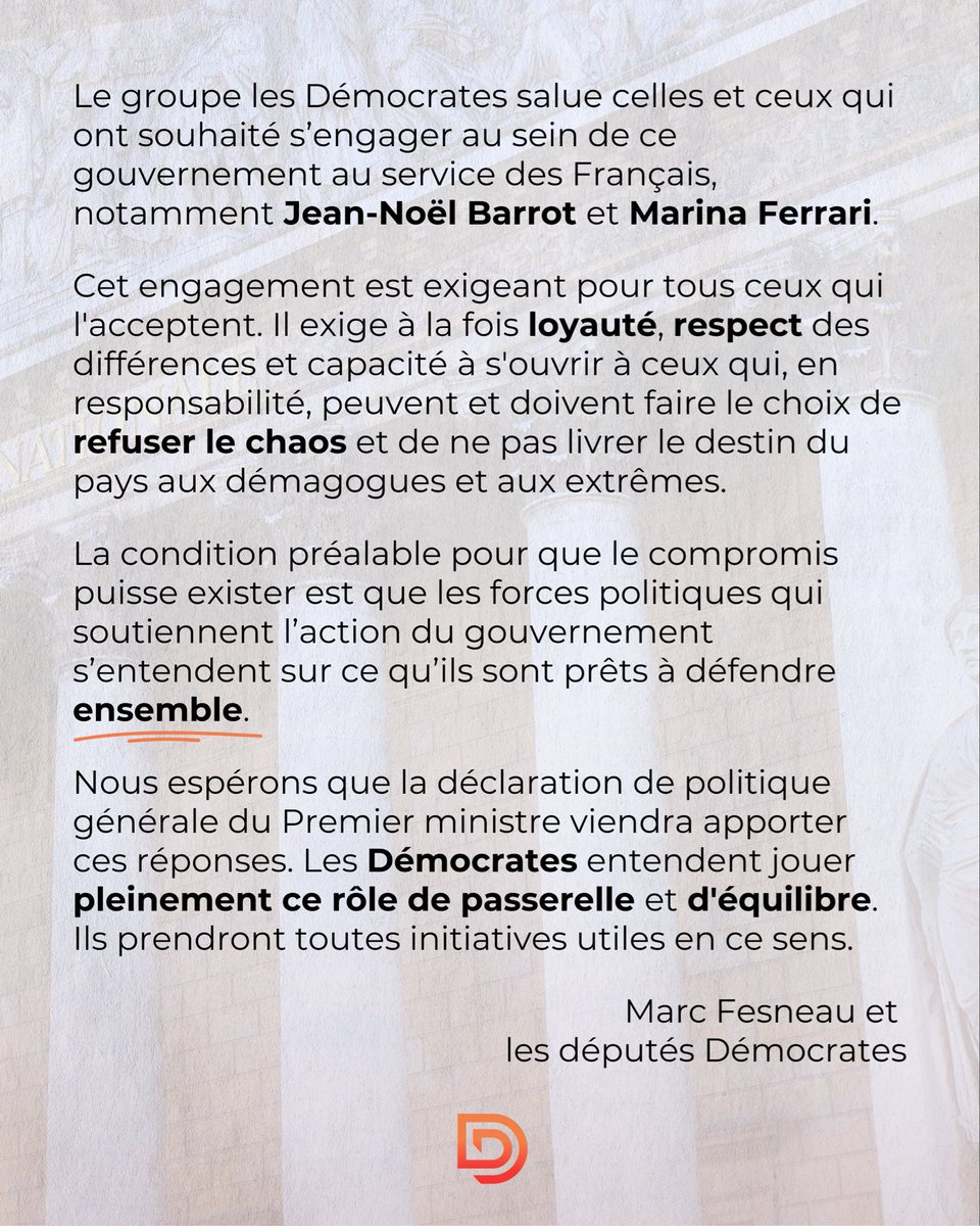 DeputesDem's tweet image. Les Démocrates saluent la nomination de @jnbarrot, ministre de l’Europe et des Affaires étrangères et de @Marina_Ferrari, ministre des Sports, de la Jeunesse et de la Vie associative ! 👏

Ils pourront compter sur notre mobilisation et notre soutien.

Communiqué de presse. ↓