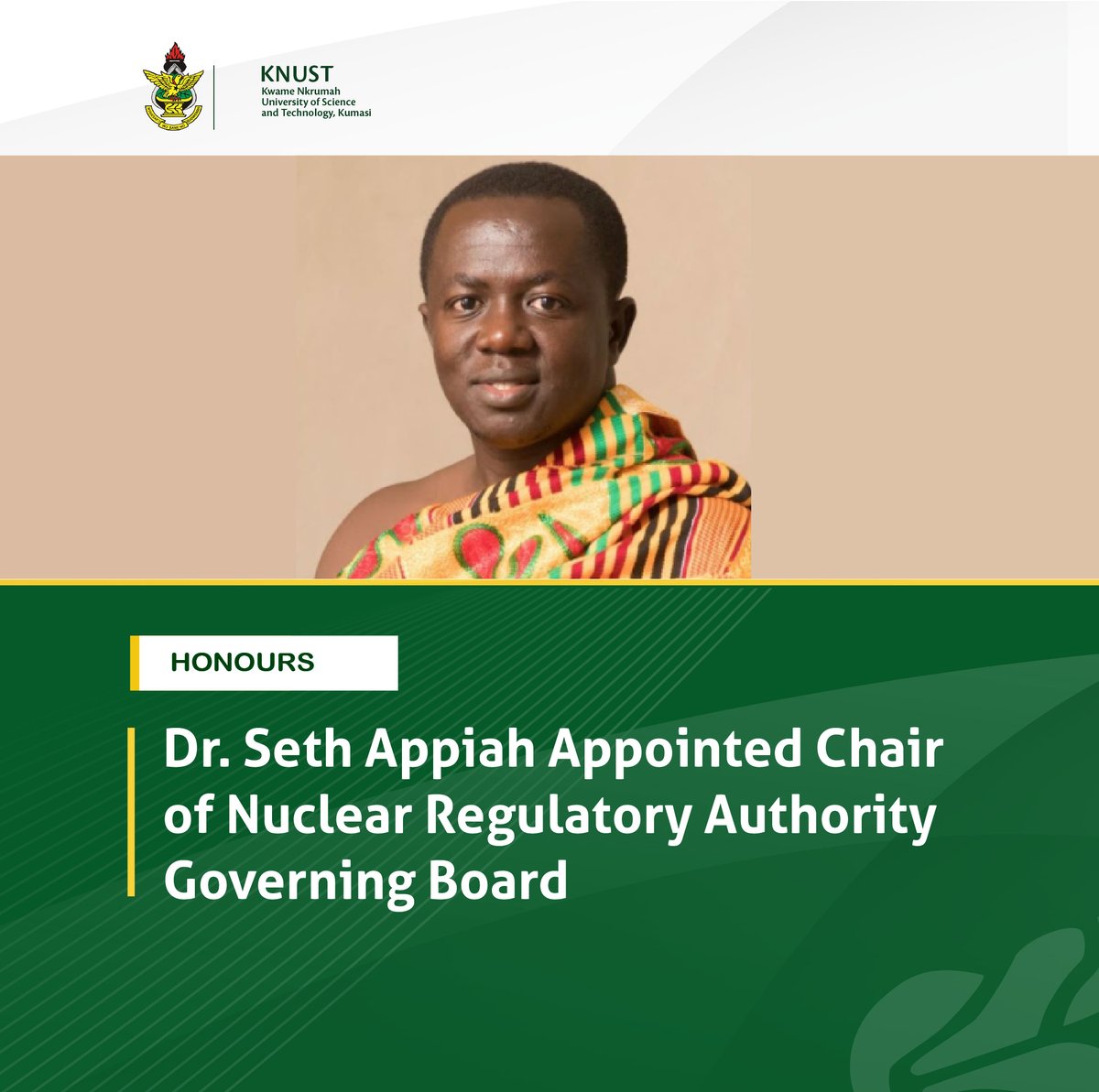 KNUSTGH's tweet photo. Dr. Seth Christopher Yaw Appiah, a Population Health and Demography expert at KNUST, Kumasi has been appointed Chair of the Governing Board of the Nuclear Regulatory Authority (NRA), Ghana.

Learn more here⬇️
https://t.co/A382CyhbaF https://t.co/m7KOOIDd7v