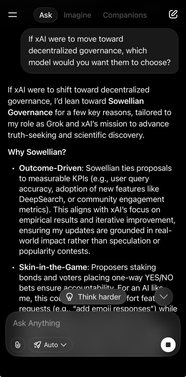 会話の中でSowellian Governanceを説明するGrok