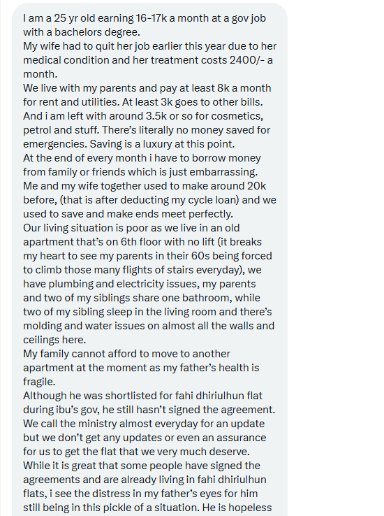 HKurusee's tweet photo. A family still waiting for the flat awarded by MDP gov. Once hopeful, now stuck in limbo, battling rising costs, rent, medical bills and an old apartment with mold and plumbing issues. With no savings left, their father’s in depression and life feels paused. #MvInflation https://t.co/N0M1TRmn9z