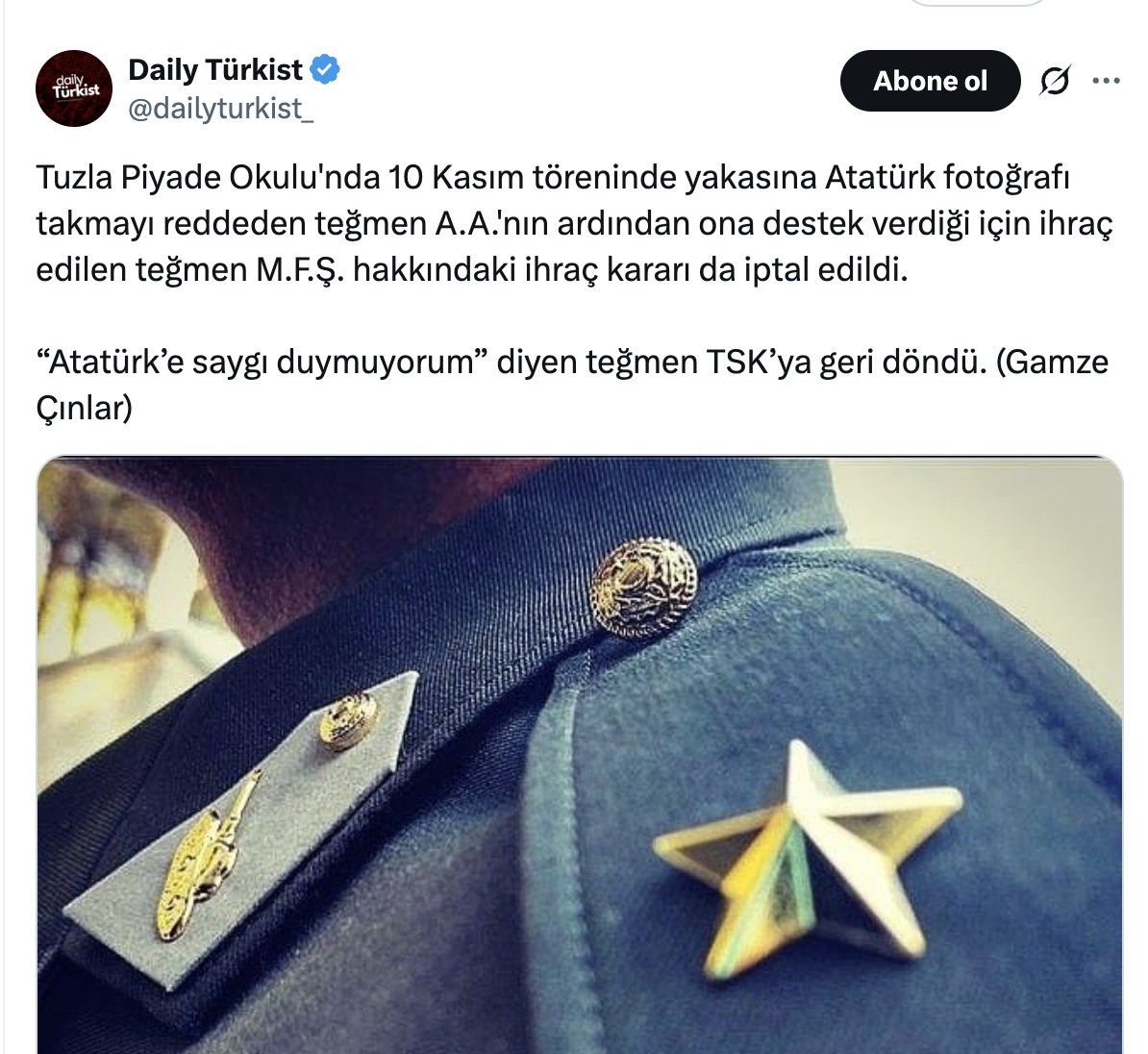 Bir dönüşümün ortasındayız ve artık herkesin anlamaya başlaması gereken yeni gerçekler var. 10 Kasım'da yakasına Mustafa Kemal resmi takmayı reddettiği için ihraç edilen teğmenler hakkındaki karar iptal edilmiş. Teğmenler ayrıca;

- "1923 sonrası Atatürk'e saygı duymuyorum"
-