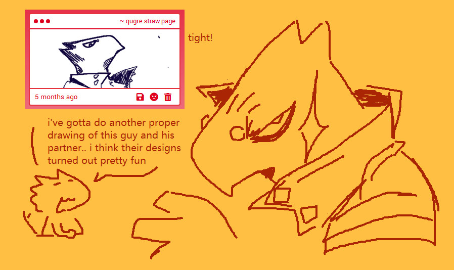 doing a strawpage thread on bsky cuz it doesnt clog up my media tab like it does here
handful of responses ive done so far, send me some stuff and ill probably doodle up a reply
https://t.co/TBHl8FTO16